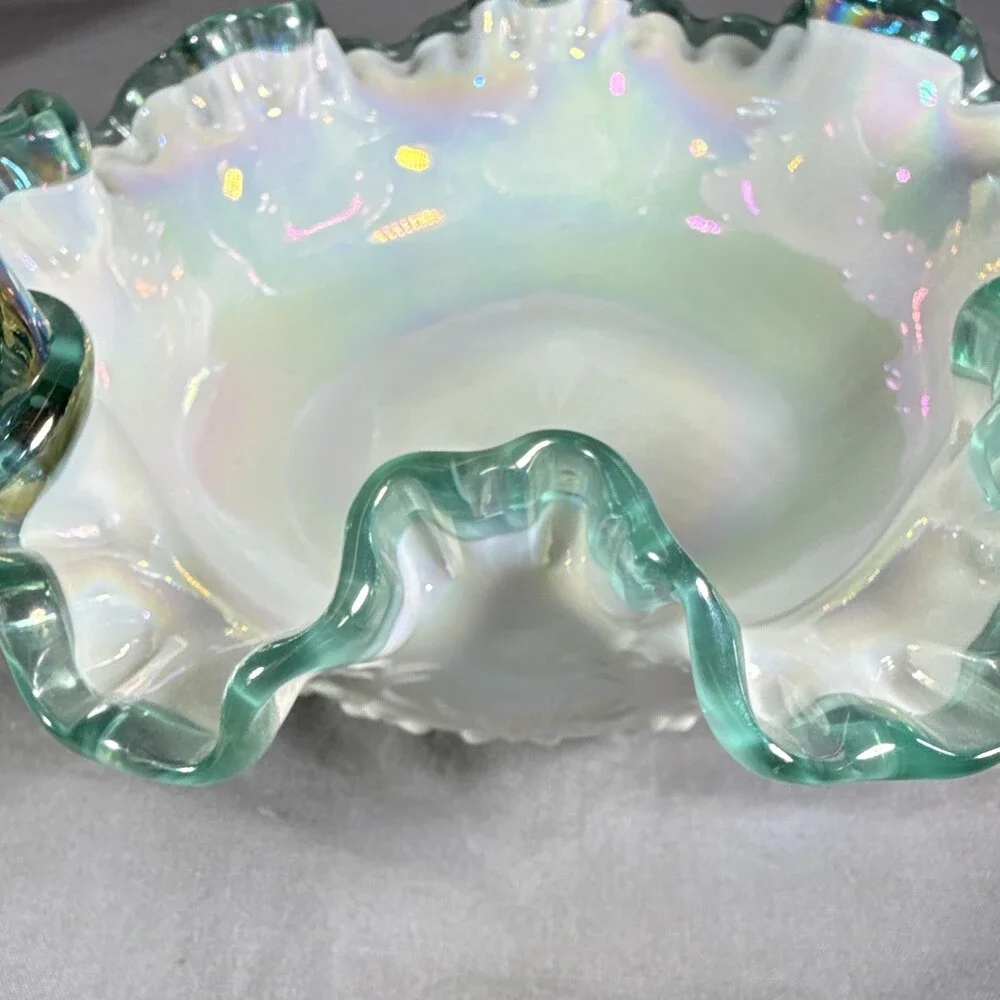 Fenton Teal Crest Spanish Lace Iridized Milk Glass Basket 1990s C3538 TC MINT